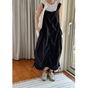 夏季新款日系休闲抽绳褶皱背带裙舒适透气工装休闲连衣裙女8054