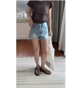 夏日新款复古毛边高腰牛仔短裤韩版ins显瘦A字蓝色休闲热裤女7019